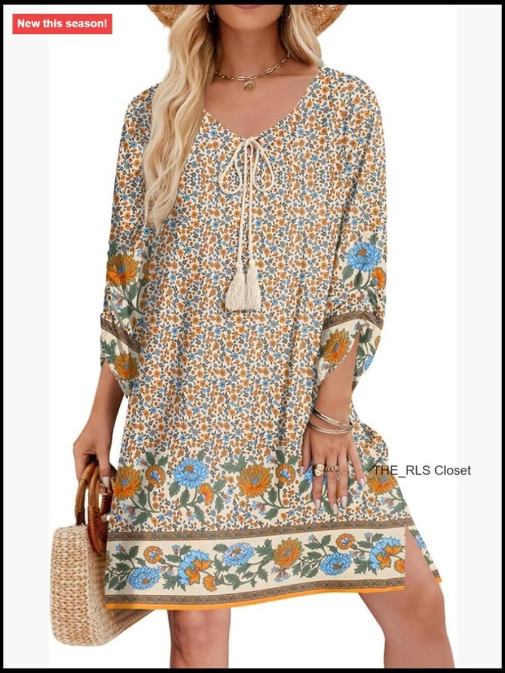 Rayon Boho Floral Dress Tassel Tie Neck 3/4 Sleeve Mini Sundress